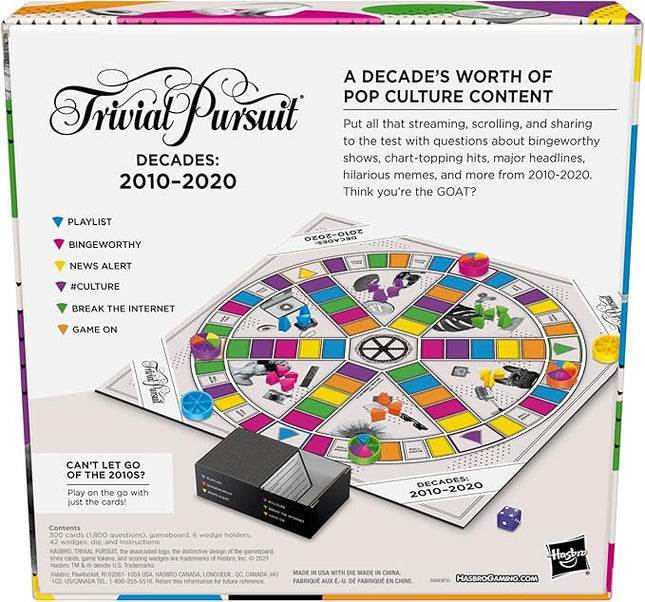 Hasbro Gaming Trivial Pursuit Decades 2010 to 2020 Board Game for Adults and Teens, Pop Culture Trivia Game for 2 to 6 Players, Ages 16 and Up