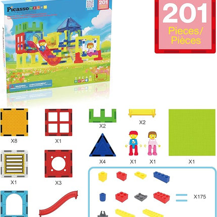 PicassoTiles Magnetic Tiles Slide & Swing Playground Building Block with 2 Character Action Figures Magnet Tile Construction Bricks Sensory Toys STEM Learning Educational Toy Kit Boy Girl Age 3+ PTQ30