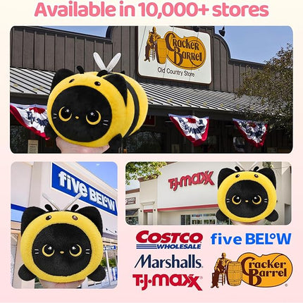 Mewaii Cute Black Cat Bee Plush Pillow, Kawaii Plushies Bee Stuffed Toy, Kitten Plushies with Honeybee Outfit Costume, Soft Squishy Bee Gift for Girls & Kids (8 Inch)