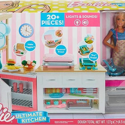 Barbie Kitchen Playset with Doll, Lights & Sounds, Food Molds, 5 Dough Colors and 20+ Accessories