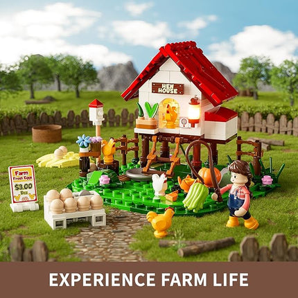 FUNWHOLE Farm Hen-House Lighting Building-Bricks Set - Farm Life Chicken Henhouse and Animal Collection LED Light Construction Building Model Set 323 Pcs for Adults and Teen
