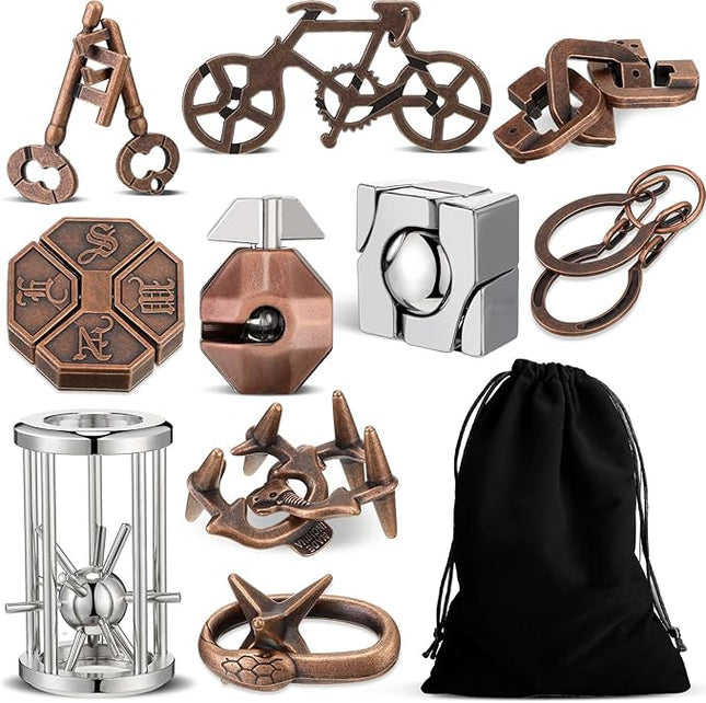 Syhood 10 Pieces Metal Brain Teaser Puzzles for Adults 3D Steel Puzzle Difficult Magic Mind Challenge Unlock Interlocking Games Iq Smart Logic Test Toys Basket Filler Stuffers(Classic)