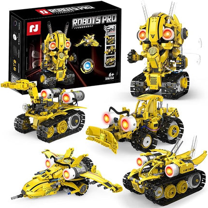 STEM Building Toys for Kids 6-14，5-in-1 Remote & App Controlled Construction Bumblebee Warrior/Powerful Iron Hand/Bulldozer/Hornet Jet/Tracked Vehicle，673 Pcs Building Blocks Set for Boys Girls