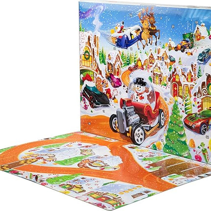 Hot Wheels Toy Cars & Playset, 2025 Advent Calendar with 10 Vehicles in 1:64 Scale, 10 Ornament Clips & 14 Winter-Themed Accessories