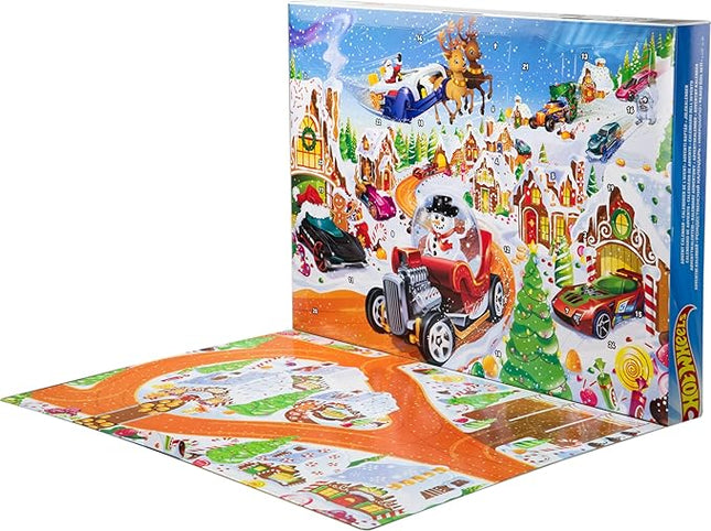 Hot Wheels Toy Cars & Playset, 2025 Advent Calendar with 10 Vehicles in 1:64 Scale, 10 Ornament Clips & 14 Winter-Themed Accessories