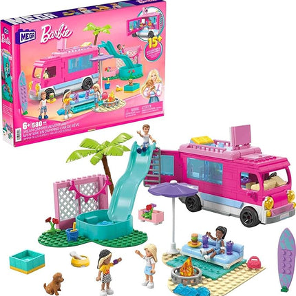 MEGA Construx Barbie Kids Building Toy Set, Dream Camper Adventure with 580 Pieces, 4 Micro-Dolls, Barbie Pets and Accessories, Pink, Ages 6+ Years