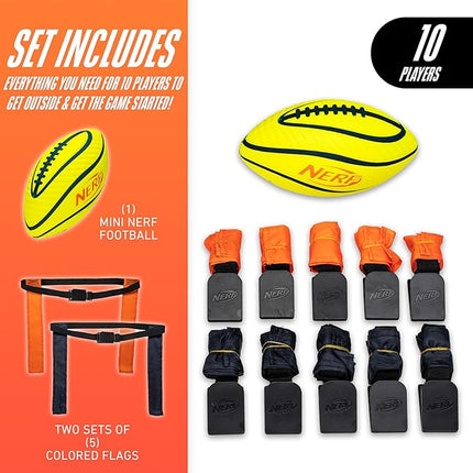 Nerf 10 Player Flag Football Belts + Ball Set - Youth Flags + Junior Foam Football for Kids - Full Kit for 5 v 5 Games - Includes (10) Belts + 1 Foam Ball