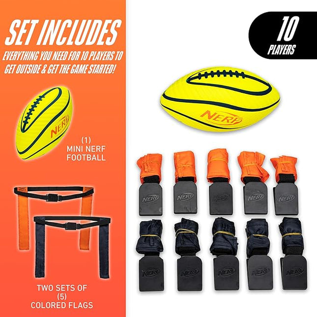 Nerf 10 Player Flag Football Belts + Ball Set - Youth Flags + Junior Foam Football for Kids - Full Kit for 5 v 5 Games - Includes (10) Belts + 1 Foam Ball