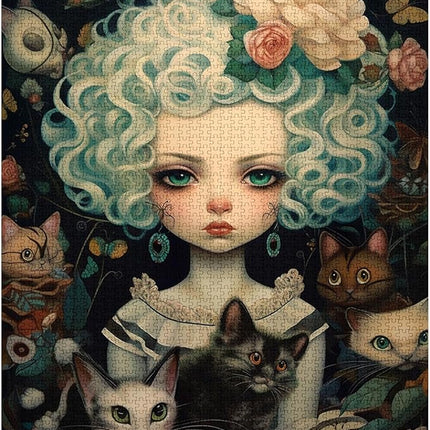 Curly-haired Doll and Cat Jigsaw Puzzle Cool Dolls Girl 1000 Piece Jigsaw Puzzles for Adults Challenging Family Activity Games Colorful DIY for Home Decor 20 x 27 Inch