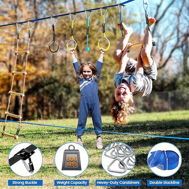 Ninja Warrior Obstacle Course for Kids,2×56ft Slackline Kit with 8 Ninja Accessories+Fast-Setup Buckles- Monkey Bar,Rope Ladder,Gymnastic Ring,Arm Trainer and Monkey Fist,Supports 880 lbs