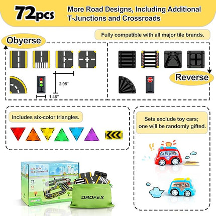 72pcs Upgraded Magnetic Tiles Road & Train Dual-Sided Expansion Pack, Magnetic Building Blocks Construction Toys for 3+Year Old Boys & Girls, Montessori Toys for Toddler, STEM Learning Gifts