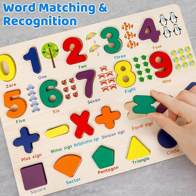 Number Puzzle Wooden Puzzles for Toddlers 3 4 5 Year Old, Shape Learning Puzzles Toddler Toys with Puzzle Board & Letter Blocks, Preschool Educational for Girls Boys, Pattern Number