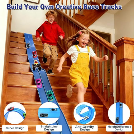 15FT Flexible Race Track for Kids - 2 Lane Blue Car Track for Toy Cars with 4 Race Cars & Suction Cups, Foldable Flex Track Set Compatible with 1/64 Scale Models for Boys Girls 3+