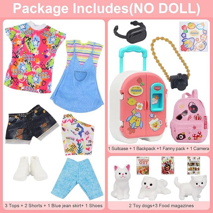 UNICORN ELEMENT 16 Pcs Doll Clothes and Accessories for 11.5 Inch Girl Dolls, Fashion Travel Suitcase Set Including Blue Jean Skirts, Bags, Food Magazines etc (Style B)