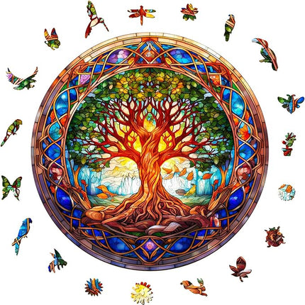 Wooden Puzzles for Adults - Stained Glass Tree of Life Wooden Jigsaw Puzzle for Adults – Unique 200-Piece Art Puzzle, Premium Brain Teaser & Decorative Gift (11.4"x11.4")