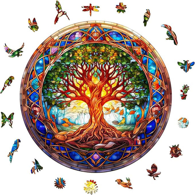 Wooden Puzzles for Adults - Stained Glass Tree of Life Wooden Jigsaw Puzzle for Adults – Unique 200-Piece Art Puzzle, Premium Brain Teaser & Decorative Gift (11.4"x11.4")