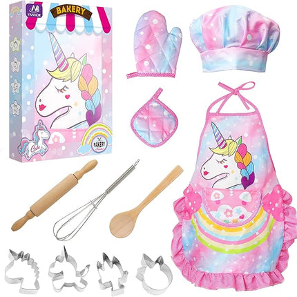 Vanmor Unicorn Kids Cooking and Baking Sets, 11Pcs Kids Aprons for Girls, Kids Chef Hat and Pink Apron, Mitt & Utensil for Toddler Dress Up Chef Costume Birthday Gifts for 3 4 5 6 7 8 Years Old Girls