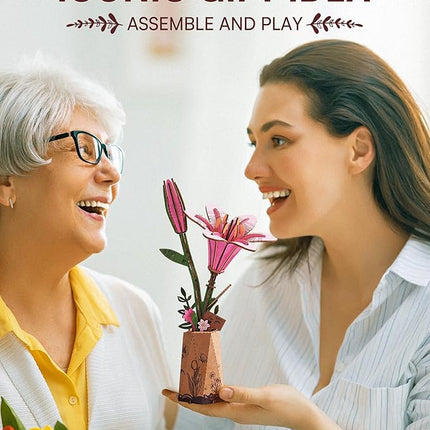 Rowood Wooden Flower Kit,DIY Artifical Flower Building Set Craft Kit for Adults,Mother's Day/Valentine's Day for Mom/Women/Grandma-Pink Lily