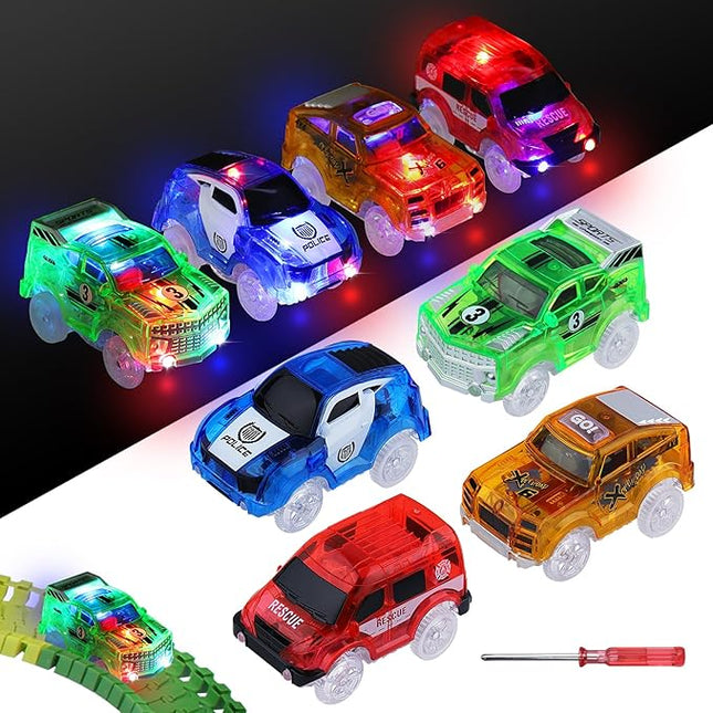 Tracks Cars Magic Light Up Track Cars Toy Glow in The Dark for 3 4 5 6 7 8 Kids Boy Girl, Race Cars with 5 LED Flashing Light Battery Operated Vehicle Compatible w/Most Tracks (4Pcs)