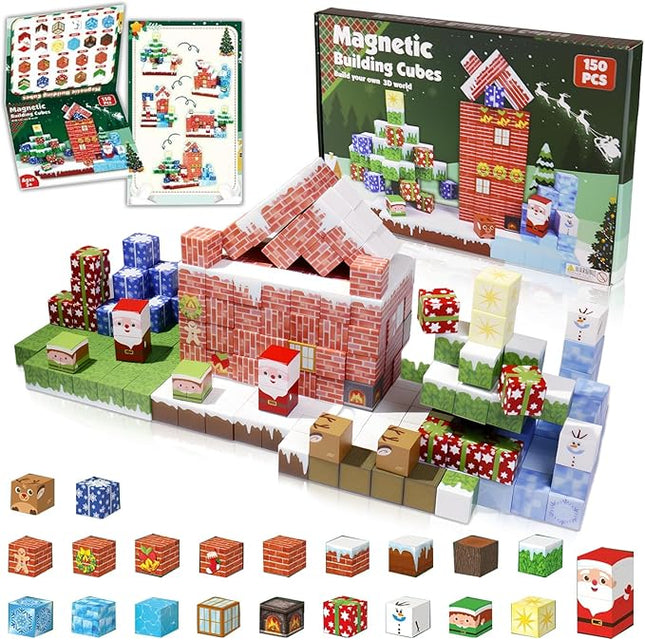 Magnetic Blocks - 150 PCS Magnets Block Sensory Educational Interactive Building Toy Set for Toddlers Kindergarten Creative STEM Learning Gift, Magnet 0.8in Tiles Construction Suit, Snow and Christmas