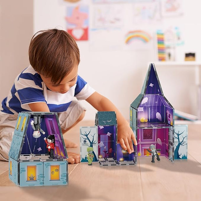 PicassoTiles Haunted House Theme Magnet Tile Building Blocks 8 Action Figures Magnetic Construction Toy Double Sided Printing Education STEM Learning Playset Halloween Adventure Kid Ages 3+ PTQ03