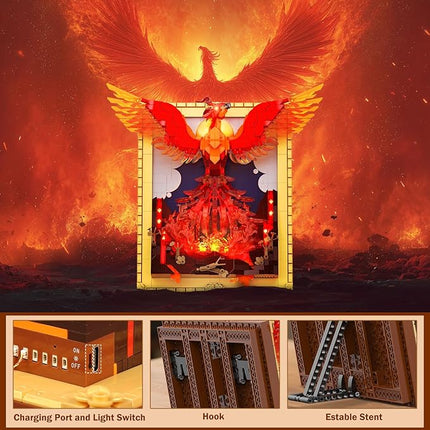 JMBricklayer Phoenix Nirvana Building Block Sets for Adults with LED Lights, Wall Art Crafts Painting Frame Building Set Magic Fire Phoenix Collection Model Bird Toy Gift Room Home Office Decor