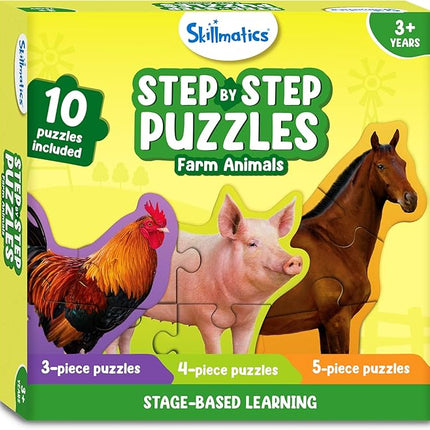 Skillmatics Step by Step Puzzles - 40 Piece Jigsaw & Toddler Puzzle, Montessori Educational Toy for Boys & Girls, Farm Animals, Travel Friendly, Gifts for Kids Ages 3, 4, 5 and Up