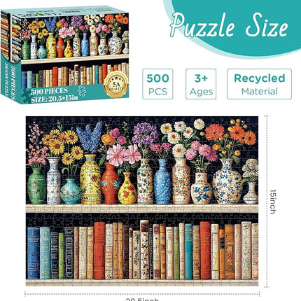 500 Piece Puzzle for Adults Puzzle, Beautiful Bookshelf Jigsaw Puzzle 500 Pieces, Flowers and Vase Jigsaw Puzzles for Adults Seniors, Fun Decor Challenging Family Games Holiday Party Gifts 20.5×15 in