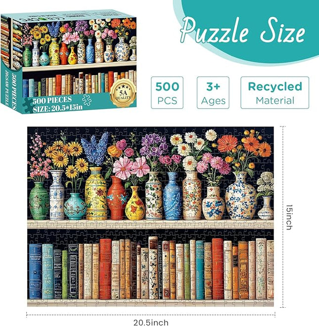 500 Piece Puzzle for Adults Puzzle, Beautiful Bookshelf Jigsaw Puzzle 500 Pieces, Flowers and Vase Jigsaw Puzzles for Adults Seniors, Fun Decor Challenging Family Games Holiday Party Gifts 20.5×15 in