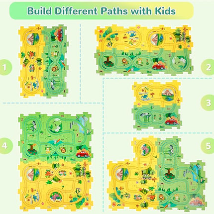Plastic Floor Puzzles for Kids with 2 Cute Vehicles, Puzzle Racer Kids Car Track Set, Montessori Toys for 3 4 5 6 Year Old Boys, Gifts for 3 4 5 6 Year Old Boys, Toys for Ages 3-4