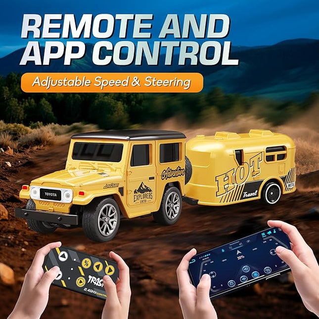 MOONTOY 1:64 Scale Mini Alloy Romote Control Car with LED Lights, 2.4Ghz Remote and App Control Toy Car, 3-Speed Adjustment Pocket Toy Car for Kids 4-8 Years and Adults (Yellow)