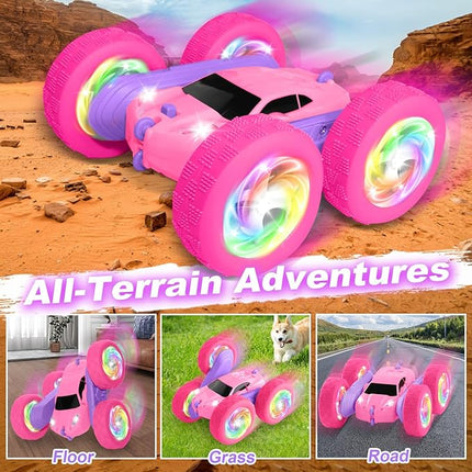 Remote Control Car, RC Cars for Girls, 2.4 GHz Double Sided RC Crawler with Upgraded USB-C Modular Battery, 360°Rotating Car Toys for 6 7 8 9 10 11 12 Year Old Girl Birthday Gift Pink-Purple