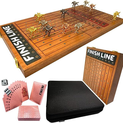 Horse Racing Game for Adults, Foldable Horse Race Board Game with 11 Luxurious Metal Horses (Gold, Silver, Black, RoseGold), 22” Sapele Wood Horse Race Game Board, Dice & RoseGold Card (Sapele)