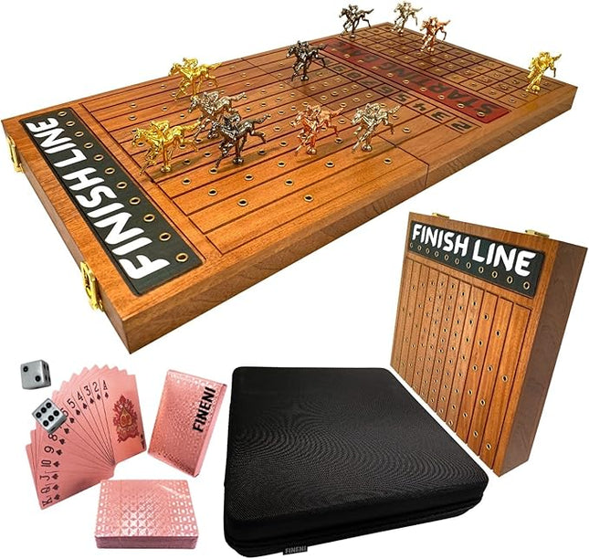 Horse Racing Game for Adults, Foldable Horse Race Board Game with 11 Luxurious Metal Horses (Gold, Silver, Black, RoseGold), 22” Sapele Wood Horse Race Game Board, Dice & RoseGold Card (Sapele)