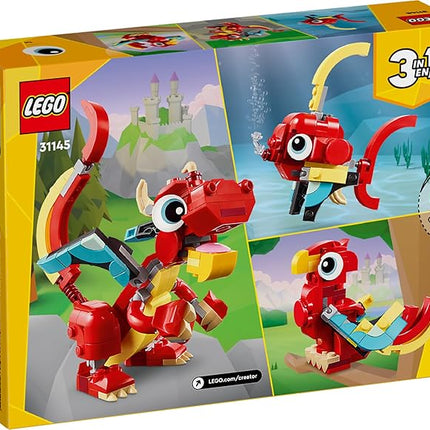 LEGO Creator 3 in 1 Red Dragon Toy, Transforms from Dragon Toy to Fish Toy to Phoenix Toy, Gift Idea for Boys and Girls Ages 6 and Up, Animal Toy Set for Kids, 31145