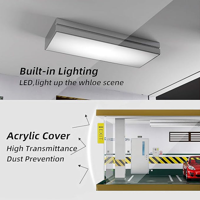 1:24 Scale Die-Cast Car Garage Display Case with Transparent Acrylic Cover and LED Lighting for 3 Parking Spaces (2A)