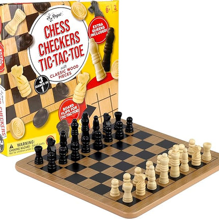 Regal Games - Reversible Wooden Board for Chess, Checkers & Tic-Tac-Toe - 24 Interlocking Wooden Checkers and 32 Standard Chess Pieces - for Age 8 to Adult for Family Fun