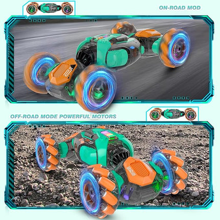 RC Gesture Sensing Stunt Car, 360° Rotating 4WD Remote Control Transform Remote & Hand Car, Remote & Hand, Double-Sided Driving with Lights & Music,Birthday Drift Toy Gift for Kids Age 7 8 10 12 Year