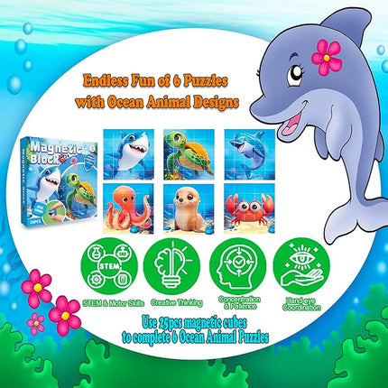 Magnetic Blocks Building Toy,Ritastar 25pcs Mine Stacking Magnet Build Cubes Cartoon Pattern World,STEM Sensory Construction Toys for Kids Gift,Educational Jigsaw Puzzle Set with 3D Sea Animal Designs