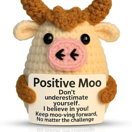 Positve Moo - Emotional Support Crochet Dolls Positive Crochet Animals Gifts Emotional Support Plush for Anxiety & Stress Relief Crochet Positive Cow Desk Decor