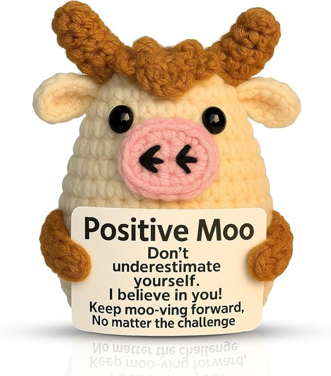 Positve Moo - Emotional Support Crochet Dolls Positive Crochet Animals Gifts Emotional Support Plush for Anxiety & Stress Relief Crochet Positive Cow Desk Decor