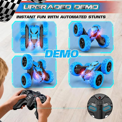 Remote Control Car, RC Cars Toys for Kids Ages 6-12, 4WD Stunt Car with LED Lights & 360° Flips, 2.4GHz, Upgraded USB-C Modular Batteries, 6-10 Year Old Boys Birthday Gift - Blue
