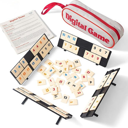 Rummy Cube Game with Portable Bag, Mini Rummy Cube Game for Adult and Kids,106 Tiles, Playing Rack，Travel Set with 4 Tiles Holders for Family Classic Board Games (Travel Edition 2-4 Players)