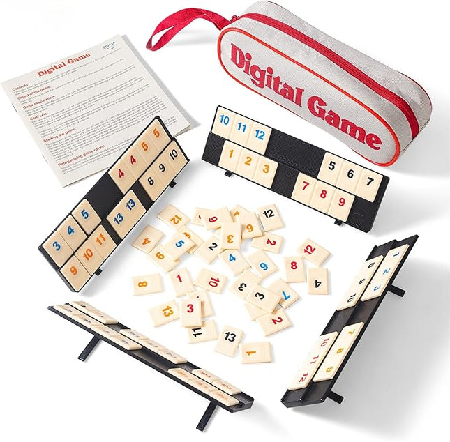 Rummy Cube Game with Portable Bag, Mini Rummy Cube Game for Adult and Kids,106 Tiles, Playing Rack，Travel Set with 4 Tiles Holders for Family Classic Board Games (Travel Edition 2-4 Players)