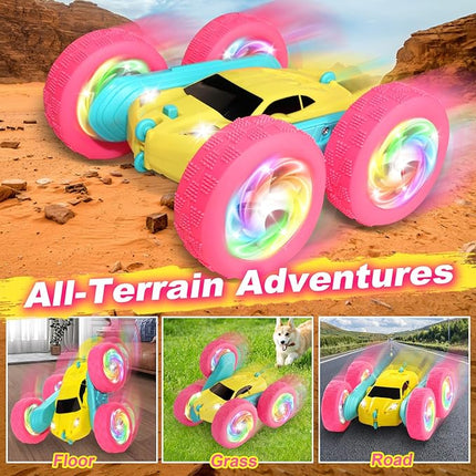 Remote Control Car, RC Cars for Girls, Double-Sided 4WD Stunt Car with RGB Lights & 360° Flips, USB-C Modular Batteries, Toys for Ages 5–7, Birthday Gift for 6+ Year Old Girl, Yellow-Pink