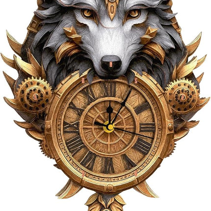 3D Puzzles for Adults Clock-Gray Wolf Design Model Kit-Mechanical DIY Pendulum Clock with Roman Numerals-Desk Home Office Decor Personalized Gift for DIY Lovers