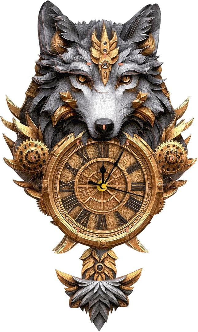 3D Puzzles for Adults Clock-Gray Wolf Design Model Kit-Mechanical DIY Pendulum Clock with Roman Numerals-Desk Home Office Decor Personalized Gift for DIY Lovers