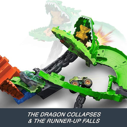 Hot Wheels Toy Monster Trucks, Sharks vs. Dinos Dragon Destruction Playset with 1:64 Scale Great Bite & Rageasaur, Race to Defeat The Cyborg Nemesis