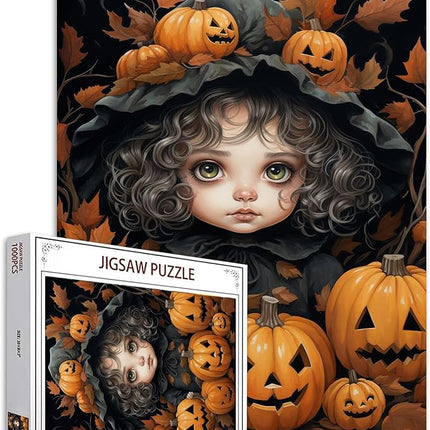 Halloween Pumpkin Girl Jigsaw Puzzle Black Curly Hair Doll 1000 Piece Jigsaw Puzzles for Adults Challenging Family Activity Game DIY Puzzle Home Decor Gift for Friends 20 x 27 Inch
