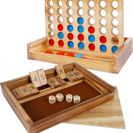 Glintoper Shut The Box & 4 in a Row Tables Game Set, Classic Wood Dice Game with Numbers & Line Up 4 Game for Kids Family, Living Room Rustic Coffee Table Decor, Travel Game Strategy Board Games